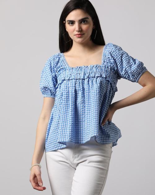 Women Checked Seersucker Cotton Top
