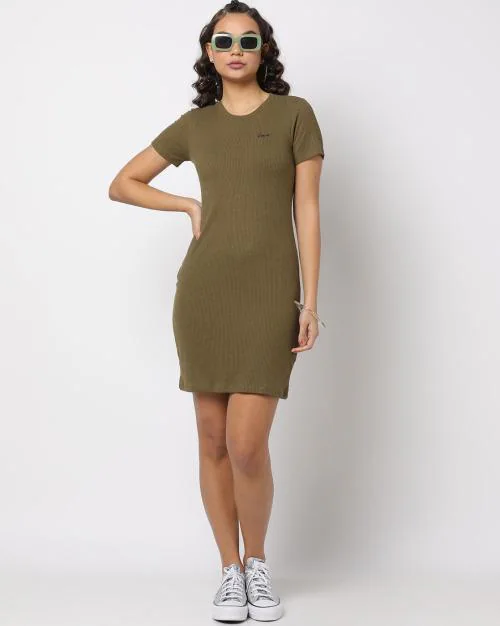 Ribbed Round-Neck Sheath Dress