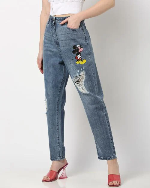 Mickey Mouse Print Distressed Jeans