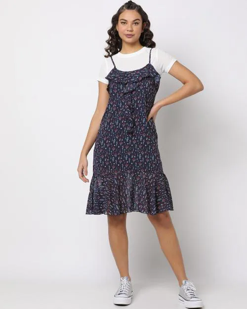 Floral Print Ruffled Pinafore Dress
