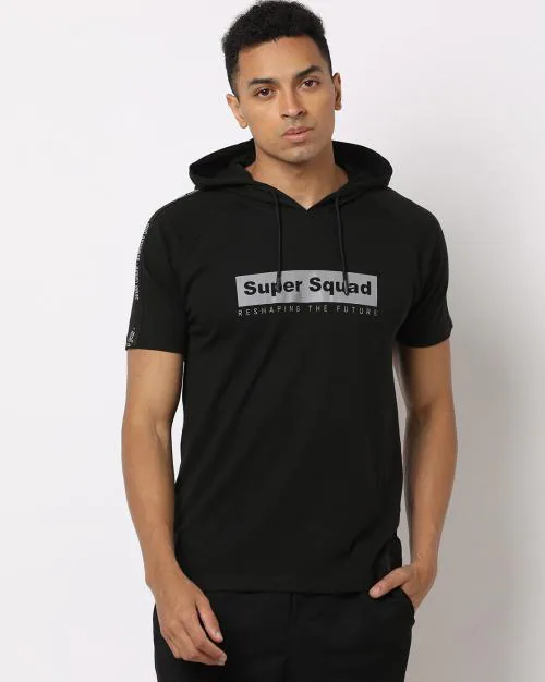 Regular Fit Typographic Print Hooded T-Shirt