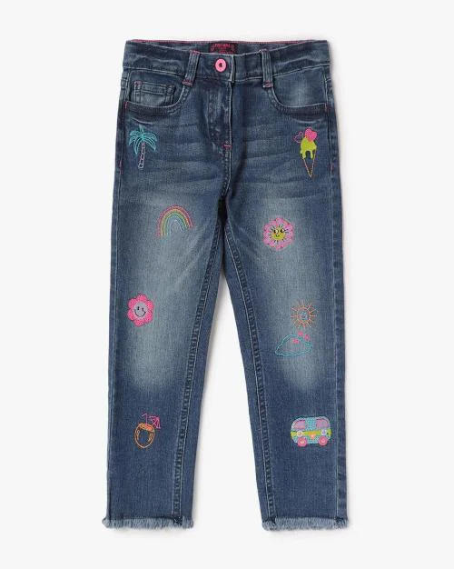 Embroidered Mid-Wash Jeans