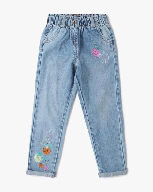 Girls Mid-Wash Relaxed Fit Jeans with Embroidery