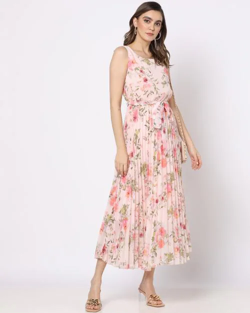 Floral Print A-Line Dress with Belt