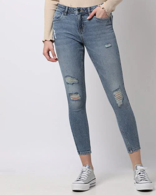 Lightly Washed Distressed Skinny Jeans