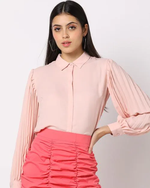 Shirt Top with Pleated Bishop Sleeves