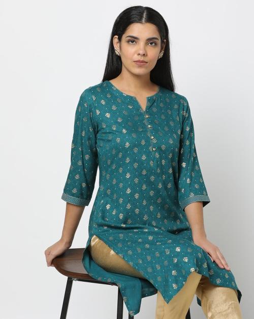 Floral Print Notched-Neck Straight Kurta