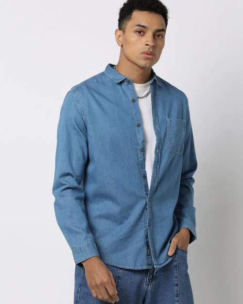 Lightly Washed Slim Fit Shirt with Patch Pocket