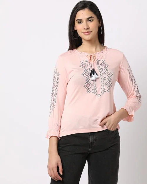 Placement Print Top with Smocking