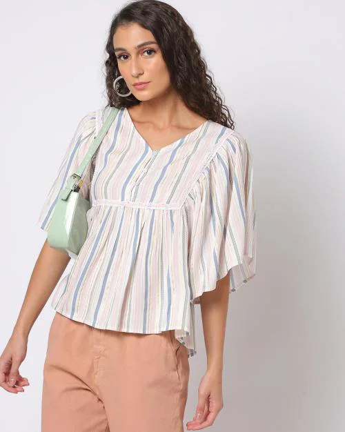 Striped Peplum Top with Flutter Sleeves