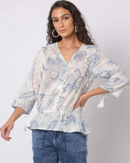 Printed Schiffli Embroidered Peplum Top