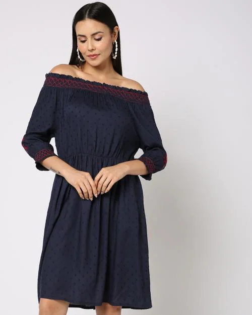 Swiss-Dot Smocked-Neck A-Line Dress