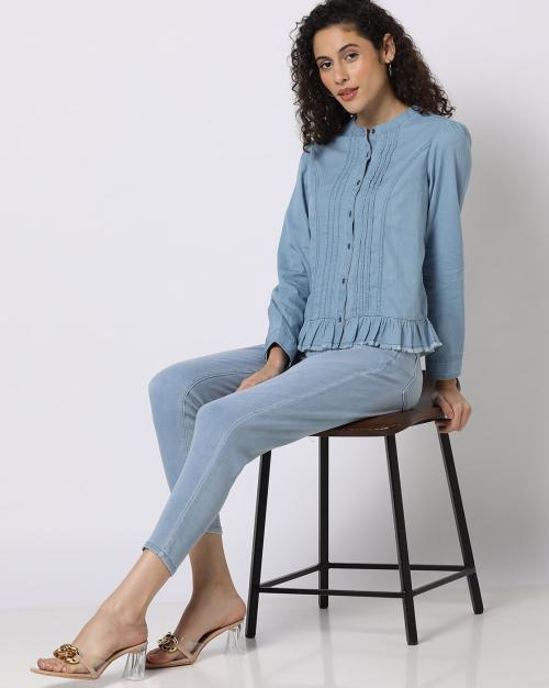 Band-Collar Denim Shirt with Raw Edges