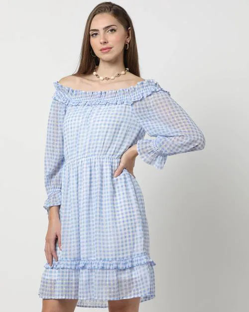 Checked Off-Shoulder A-Line Dress