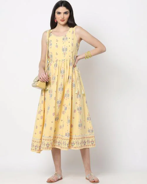 Floral Print A-Line Dress with Side Tie-Up