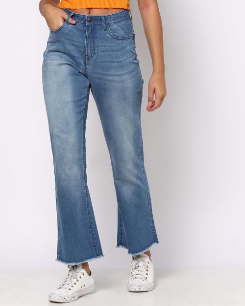 Women High-Rise Bootcut Jeans with Frayed Hems