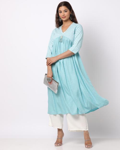 Embroidered V-Neck Concave Yoke Flared Kurta