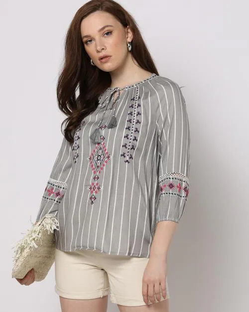 Embroidered Tie-Up Neck Top