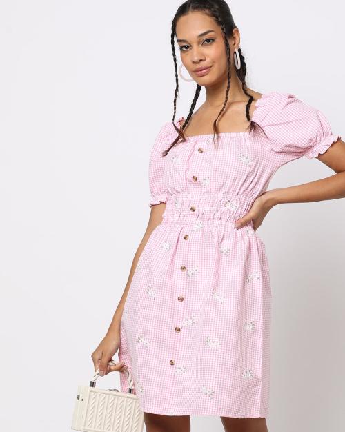 Checked Button-Down A-Line Dress