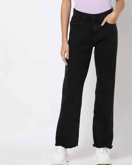 Women High-Rise Wide-Leg Jeans with Frayed Hem