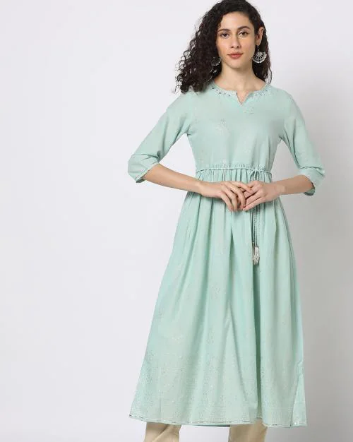 Foil Print Flared Kurta with Waist Tie-Up