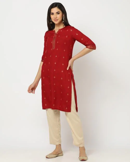 Floral Print Round-Neck Straight Kurta