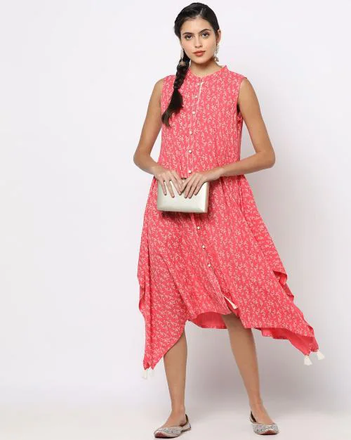 Sleeveless Leave Print A-Line Dress with Handkerchief Hem
