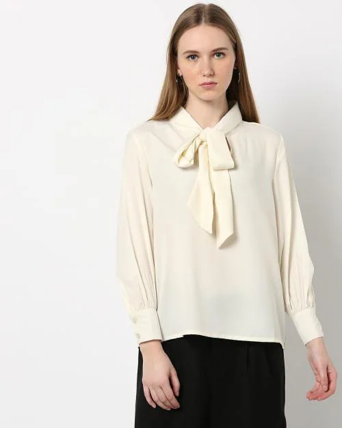 Tie-Up Neck Top with Cuffed Sleeves