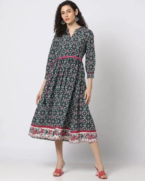 Printed Fit & Flare Dress with Waist Tie-Up