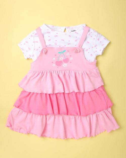 Printed Tiered Dungaree Dress with Top