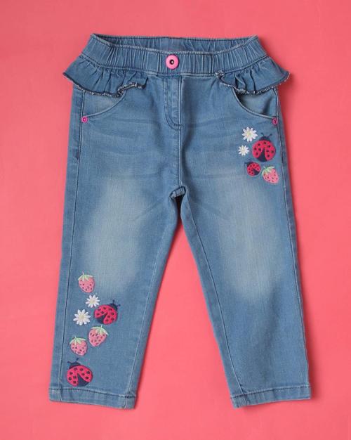 Embroidered Mid-Wash Straight Fit Jeans