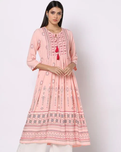 Buy Printed Flared Kurta with Tie-Up Online at Best Prices in India ...