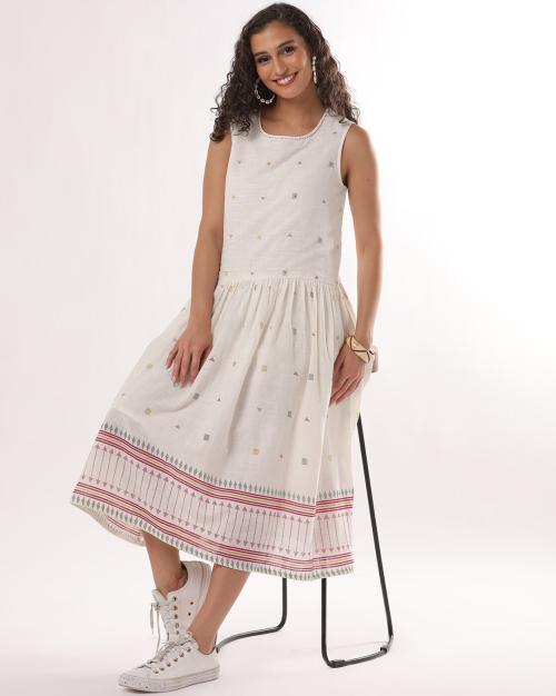 Women Cotton Printed Drop Waist Dress with Sequin Highlight