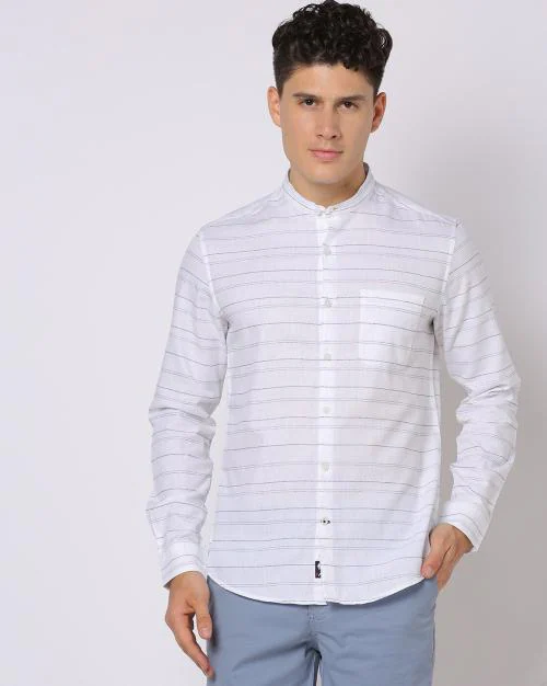 Men Striped Slim Fit Shirt with Band Collar