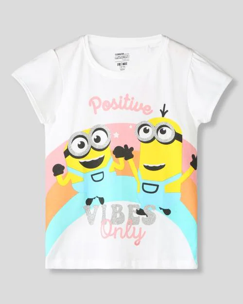 Girls Minion Print Regular Fit Round-Neck T-Shirt