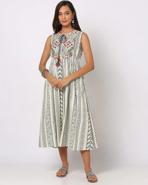Tribal Print A-Line Dress with Tie-Up Neck
