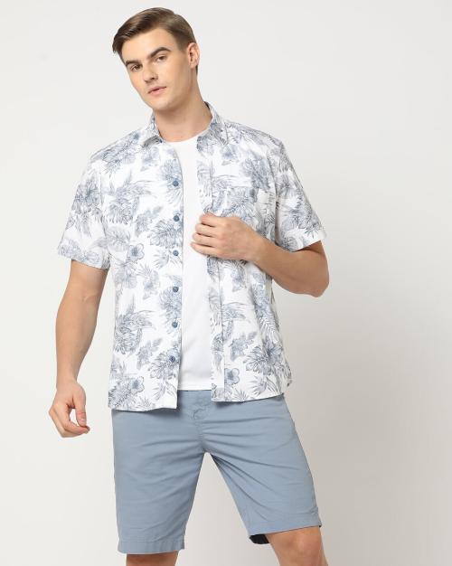 Men Leaf Print Slim Fit Cotton Shirt