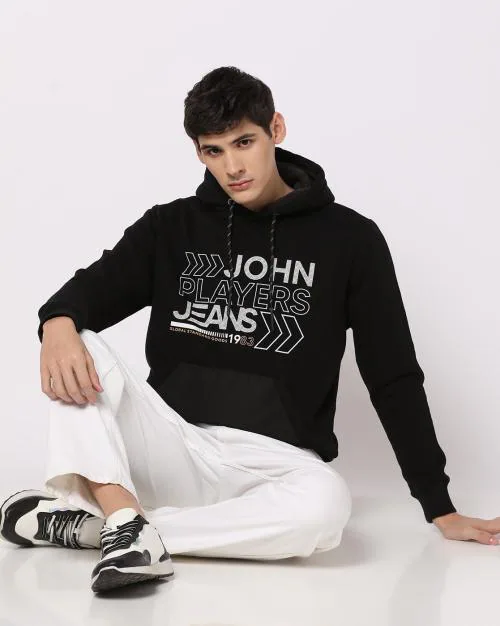 Brand Print Slim Fit Hoodie with Kangaroo Pockets