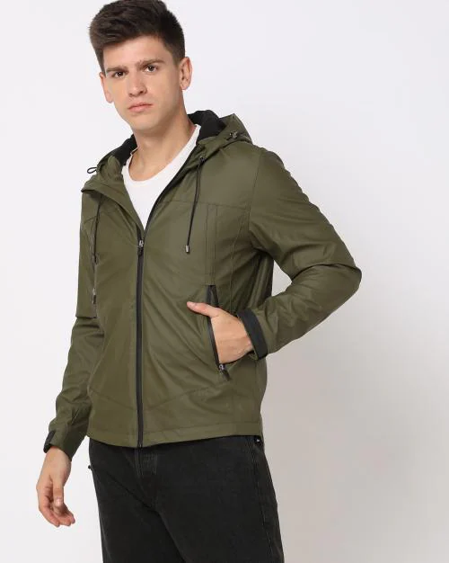 Men Slim Fit Zip-Front Hooded Jacket