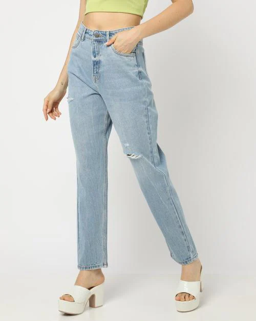 Women Heavy-Wash Straight Fit Distressed Jeans
