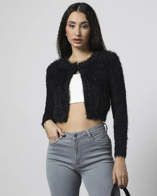 Women Faux-Fur Crop Cardigan
