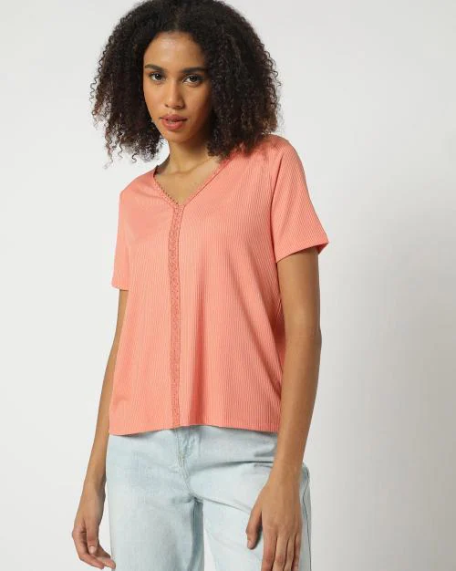 Ribbed T-Shirt with Lace trims