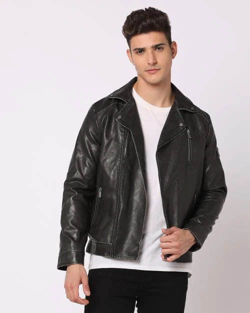 Regular Fit Zip-Front Biker Jacket
