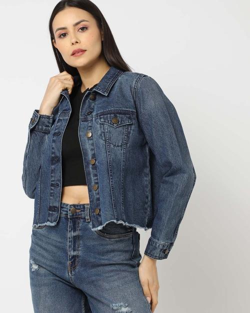 Denim Jacket with Frayed Hem