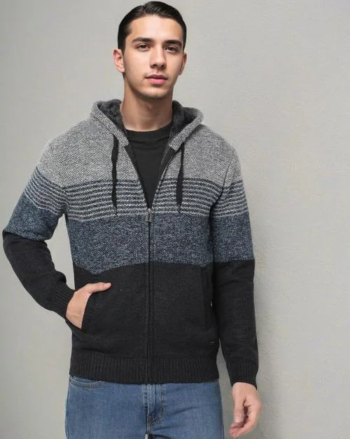 Men Striped Slim Fit Hoodie
