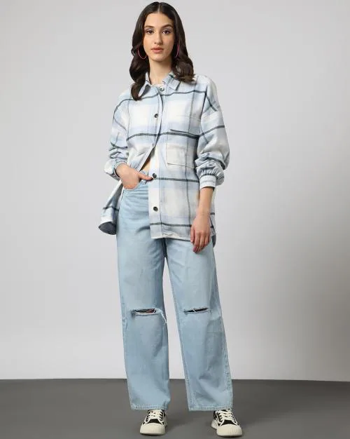Women Checked Shacket with Flap Pocket