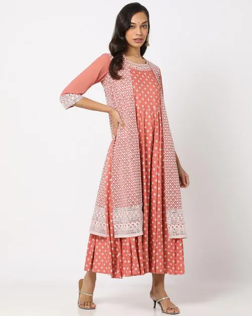 Embroidered Fit & Flare Dress with Shrug