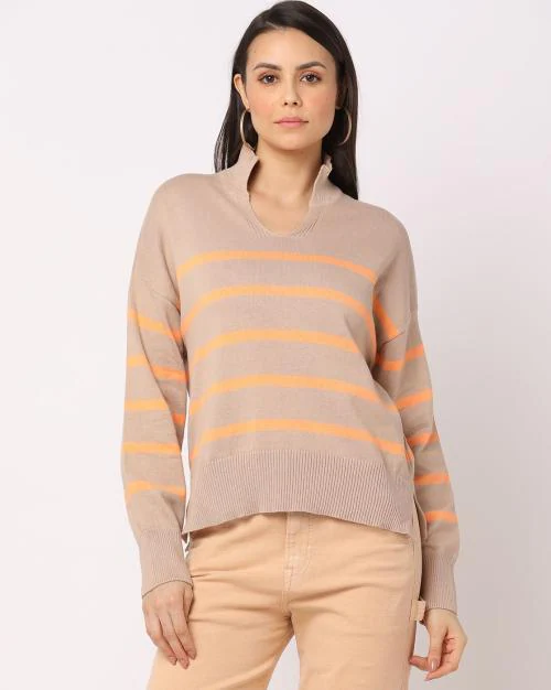 Striped Sweater with Notched Collar