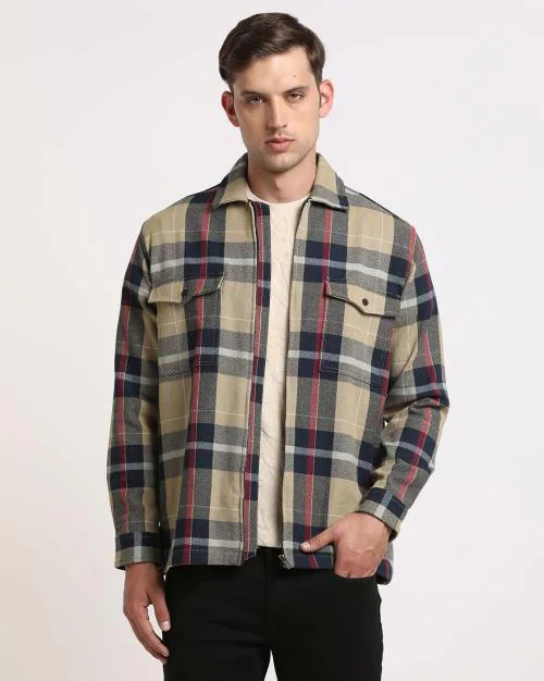 Buy Sleeve Upscaled Checked Shacket with Front Zipper Opening Online at