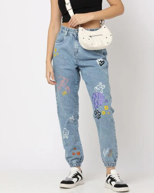 Women Heavy-Wash Printed Denim Joggers